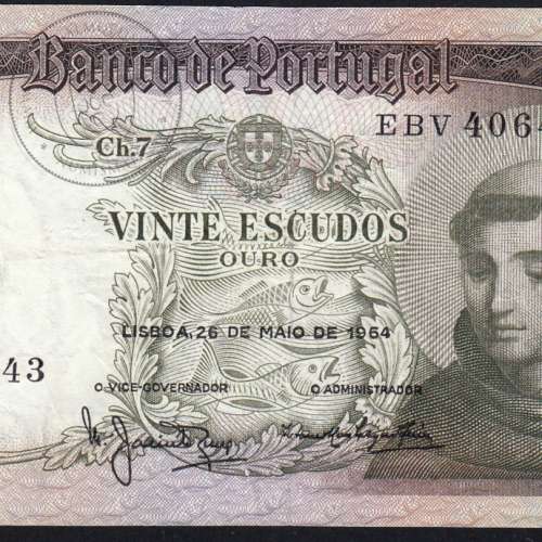 Nota de 20 Escudos 1964 Santo António, 20$00 26/05/1964 Chapa: 7 - Banco de Portugal (Circulada), Pick 167