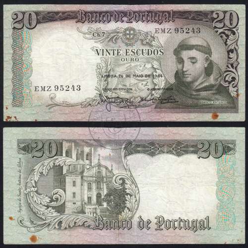 Nota de 20 Escudos 1964 Santo António, 20$00 26/05/1964 Chapa: 7 - Banco de Portugal (Circulada), Pick 167