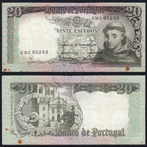 Nota de 20 Escudos 1964 Santo António, 20$00 26/05/1964 Chapa: 7 - Banco de Portugal (Circulada), Pick 167