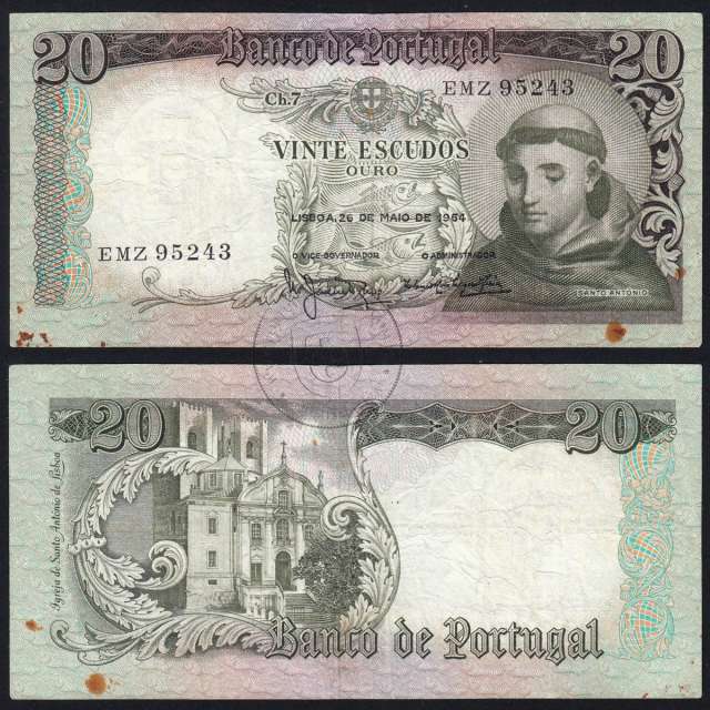 Nota de 20 Escudos 1964 Santo António, 20$00 26/05/1964 Chapa: 7 - Banco de Portugal (Circulada), Pick 167