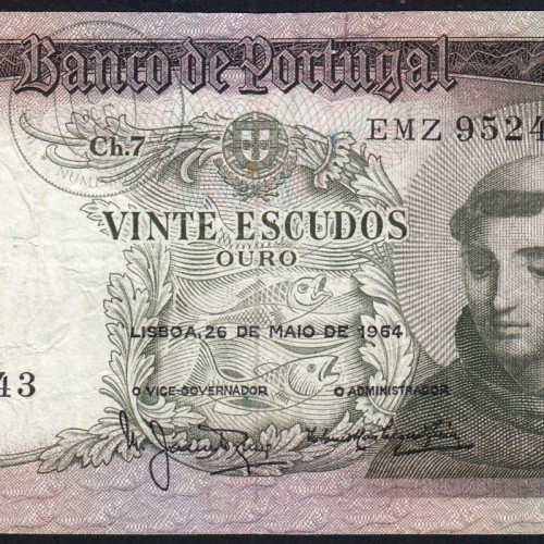 Nota de 20 Escudos 1964 Santo António, 20$00 26/05/1964 Chapa: 7 - Banco de Portugal (Circulada), Pick 167