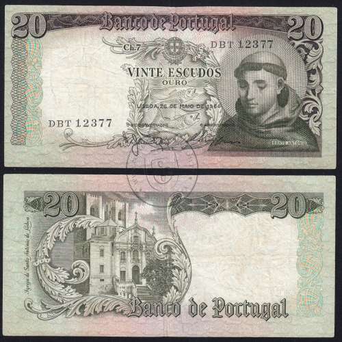 20 Escudos Banknote 1964 Saint Anthony, 20$00 26/05/1964 Plate: 7 - Bank of Portugal (Circulated), Pick 167