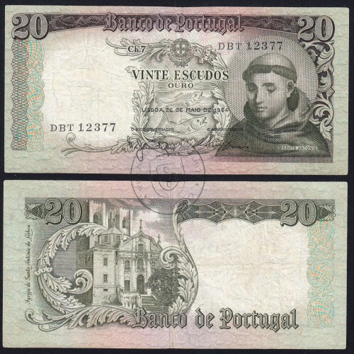 Nota de 20 Escudos 1964 Santo António, 20$00 26/05/1964 Chapa: 7 - Banco de Portugal (Circulada), Pick 167