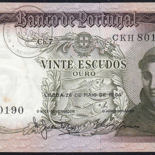 Nota de 20 Escudos 1964 Santo António, 20$00 26/05/1964 Chapa: 7 - Banco de Portugal (Circulada), Pick 167