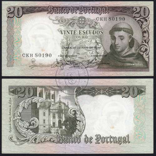 Nota de 20 Escudos 1964 Santo António, 20$00 26/05/1964 Chapa: 7 - Banco de Portugal (Circulada), Pick 167