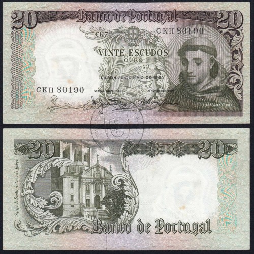 Nota de 20 Escudos 1964 Santo António, 20$00 26/05/1964 Chapa: 7 - Banco de Portugal (Circulada), Pick 167