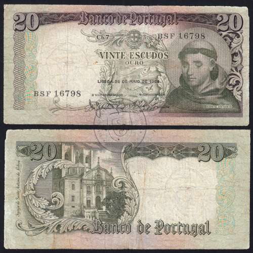 20 Escudos Banknote 1964 Saint Anthony, 20$00 26/05/1964 Plate: 7 - Bank of Portugal (Circulated), Pick 167