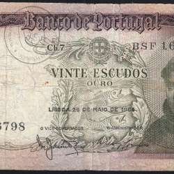 20 Escudos Banknote 1964 Saint Anthony, 20$00 26/05/1964 Plate: 7 - Bank of Portugal (Circulated), Pick 167