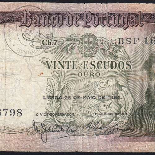 20 Escudos Banknote 1964 Saint Anthony, 20$00 26/05/1964 Plate: 7 - Bank of Portugal (Circulated), Pick 167