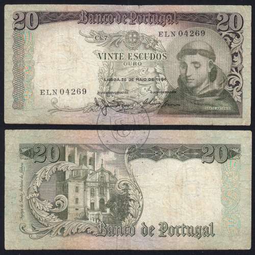 20 Escudos Banknote 1964 Saint Anthony, 20$00 26/05/1964 Plate: 7 - Bank of Portugal (Circulated), Pick 167