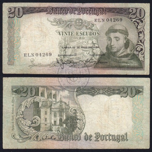 Nota de 20 Escudos 1964 Santo António, 20$00 26/05/1964 Chapa: 7 - Banco de Portugal (Circulada), Pick 167