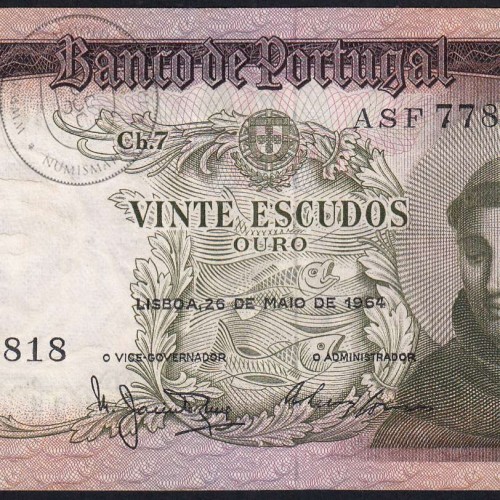 Nota de 20 Escudos 1964 Santo António, 20$00 26/05/1964 Chapa: 7 - Banco de Portugal (Circulada), Pick 167