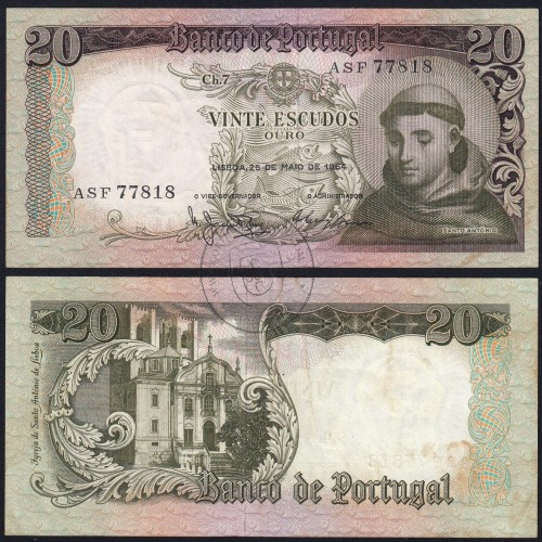 20 Escudos Banknote 1964 Saint Anthony, 20$00 26/05/1964 Plate: 7 - Bank of Portugal (Circulated), Pick 167