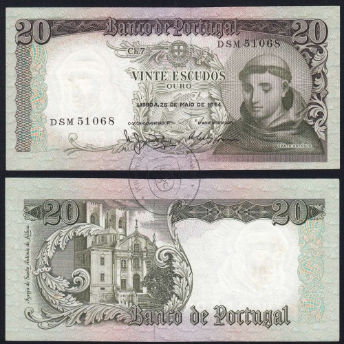 20 Escudos Banknote 1964 Saint Anthony, 20$00 26/05/1964 Plate: 7 - Bank of Portugal (Circulated), Pick 167