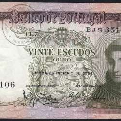 Nota de 20 Escudos 1964 Santo António, 20$00 26/05/1964 Chapa: 7 - Banco de Portugal (Pouco Circulada), Pick 167