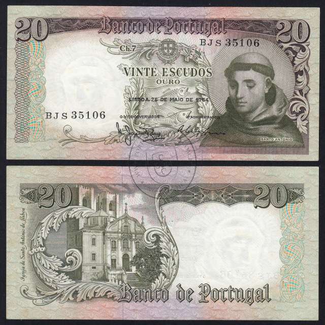 20 Escudos Banknote 1964 Saint Anthony, 20$00 26/05/1964 Plate: 7 - Bank of Portugal (Little Circulated), Pick 167