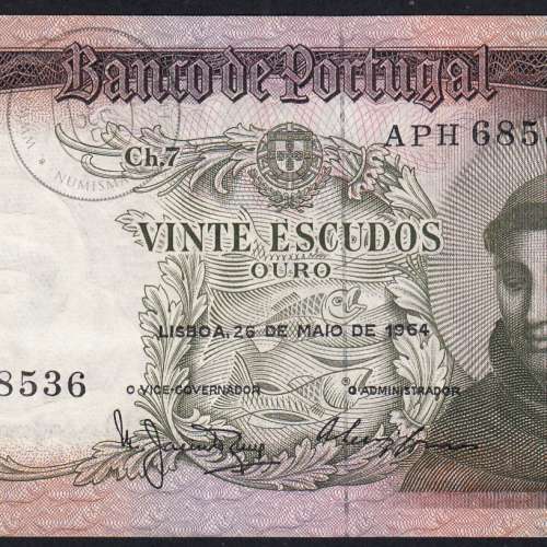 Nota de 20 Escudos 1964 Santo António, 20$00 26/05/1964 Chapa: 7 - Banco de Portugal (Pouco Circulada), Pick 167