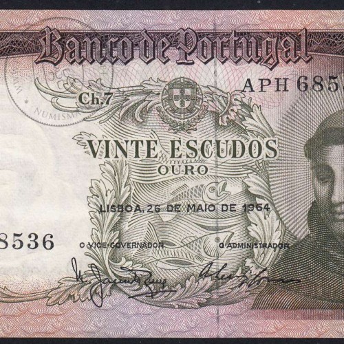 Nota de 20 Escudos 1964 Santo António, 20$00 26/05/1964 Chapa: 7 - Banco de Portugal (Pouco Circulada), Pick 167