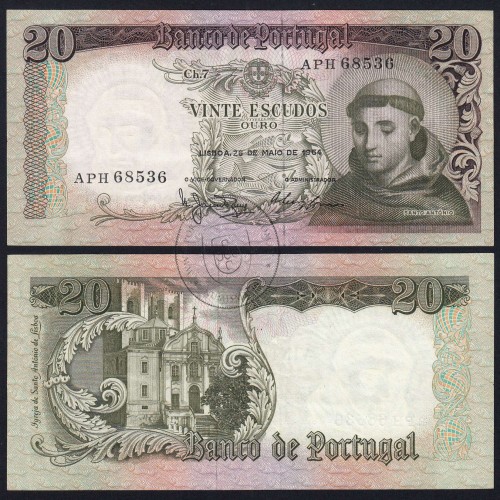 Nota de 20 Escudos 1964 Santo António, 20$00 26/05/1964 Chapa: 7 - Banco de Portugal (Pouco Circulada), Pick 167