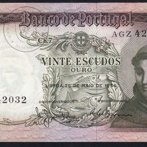 Nota de 20 Escudos 1964 Santo António, 20$00 26/05/1964 Chapa: 7 - Banco de Portugal (Pouco Circulada), Pick 167