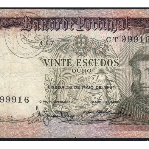 20 Escudos Banknote 1964 Saint Anthony, 20$00 26/05/1964 Plate: 7 - Bank of Portugal (Circulated), Pick 167