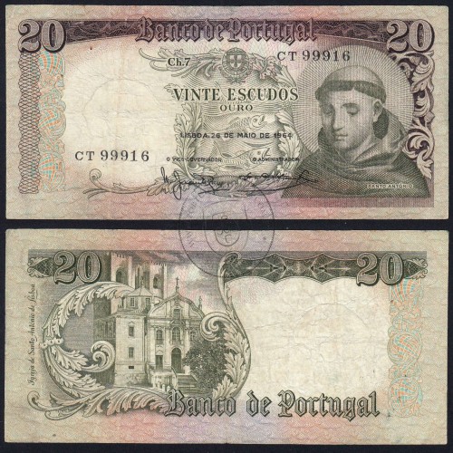 20 Escudos Banknote 1964 Saint Anthony, 20$00 26/05/1964 Plate: 7 - Bank of Portugal (Circulated), Pick 167