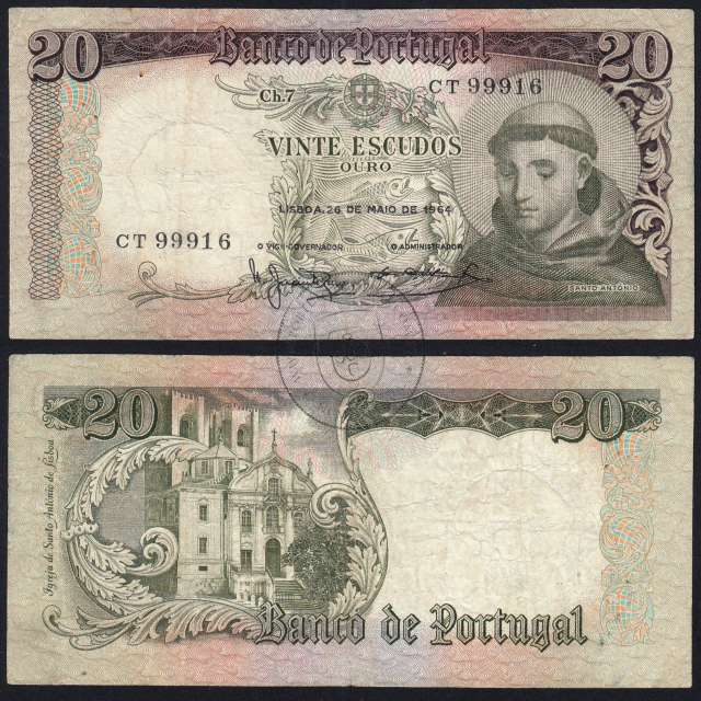 20 Escudos Banknote 1964 Saint Anthony, 20$00 26/05/1964 Plate: 7 - Bank of Portugal (Circulated), Pick 167