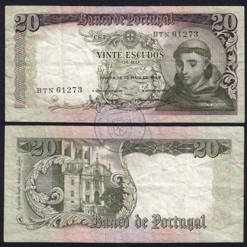20 Escudos Banknote 1964 Saint Anthony, 20$00 26/05/1964 Plate: 7 - Bank of Portugal (Circulated), Pick 167