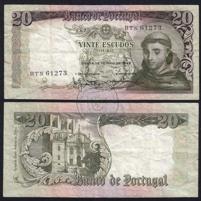 Nota de 20 Escudos 1964 Santo António, 20$00 26/05/1964 Chapa: 7 - Banco de Portugal (Circulada), Pick 167