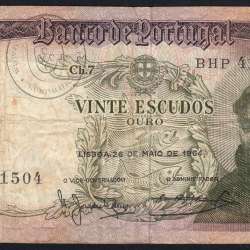 20 Escudos Banknote 1964 Saint Anthony, 20$00 26/05/1964 Plate: 7 - Bank of Portugal (Circulated), Pick 167