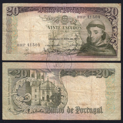 Nota de 20 Escudos 1964 Santo António, 20$00 26/05/1964 Chapa: 7 - Banco de Portugal (Circulada), Pick 167