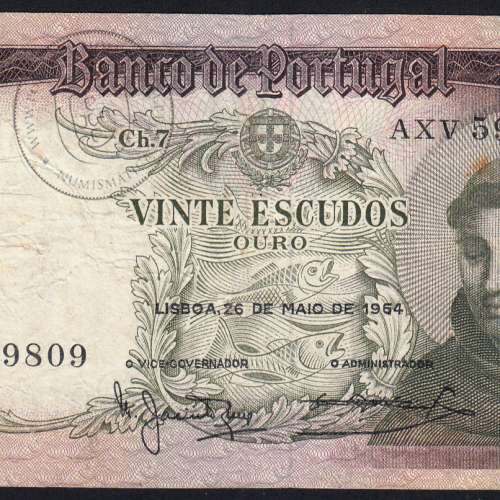 20 Escudos Banknote 1964 Saint Anthony, 20$00 26/05/1964 Plate: 7 - Bank of Portugal (Circulated), Pick 167