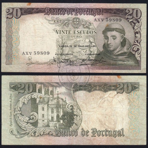 20 Escudos Banknote 1964 Saint Anthony, 20$00 26/05/1964 Plate: 7 - Bank of Portugal (Circulated), Pick 167