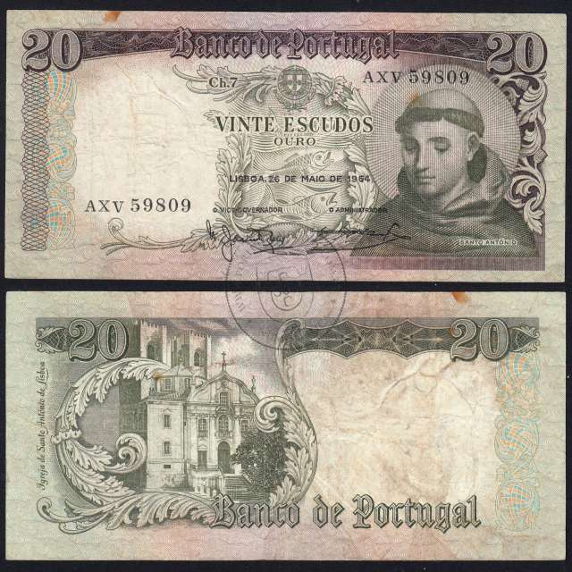 20 Escudos Banknote 1964 Saint Anthony, 20$00 26/05/1964 Plate: 7 - Bank of Portugal (Circulated), Pick 167