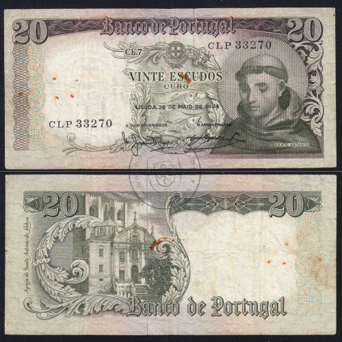 Nota de 20 Escudos 1964 Santo António, 20$00 26/05/1964 Chapa: 7 - Banco de Portugal (Circulada), Pick 167