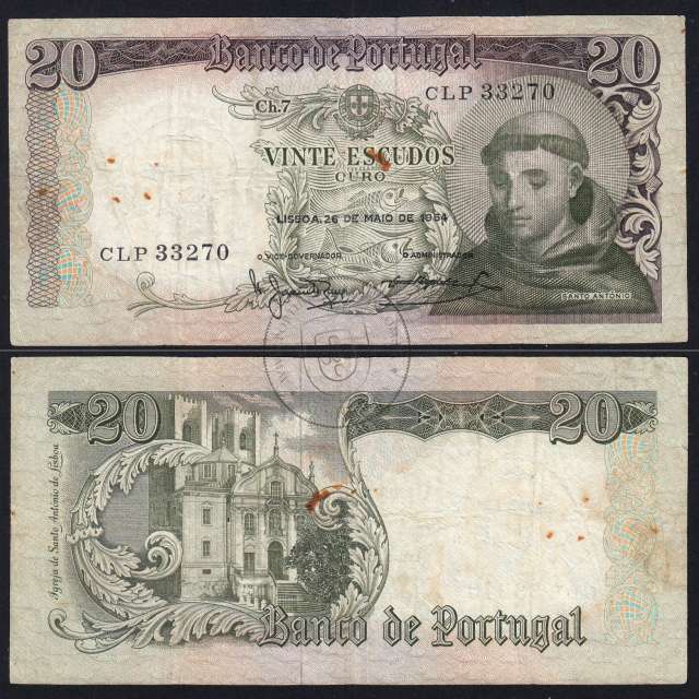 20 Escudos Banknote 1964 Saint Anthony, 20$00 26/05/1964 Plate: 7 - Bank of Portugal (Circulated), Pick 167