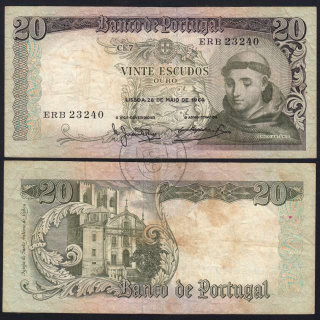 Nota de 20 Escudos 1964 Santo António, 20$00 26/05/1964 Chapa: 7 - Banco de Portugal (Circulada), Pick 167