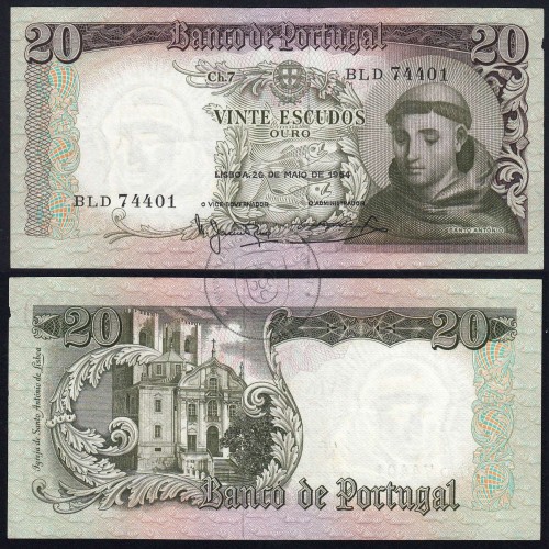 Nota de 20 Escudos 1964 Santo António, 20$00 26/05/1964 Chapa: 7 - Banco de Portugal (Circulada), Pick 167