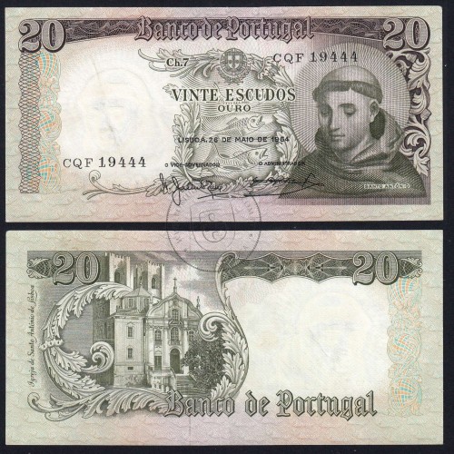 Nota de 20 Escudos 1964 Santo António, 20$00 26/05/1964 Chapa: 7 - Banco de Portugal (Circulada), Pick 167