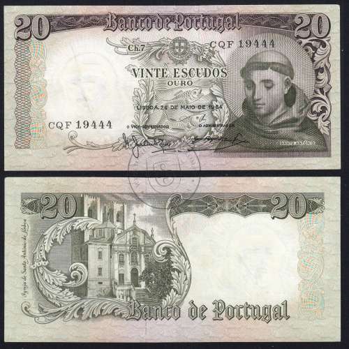 Nota de 20 Escudos 1964 Santo António, 20$00 26/05/1964 Chapa: 7 - Banco de Portugal (Circulada), Pick 167