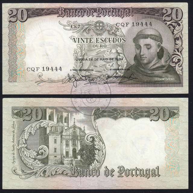20 Escudos Banknote 1964 Saint Anthony, 20$00 26/05/1964 Plate: 7 - Bank of Portugal (Circulated), Pick 167