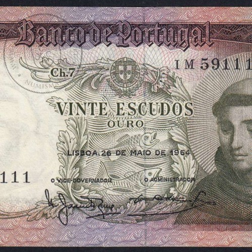 Nota de 20 Escudos 1964 Santo António, 20$00 26/05/1964 Chapa: 7 - Banco de Portugal (Circulada), Pick 167