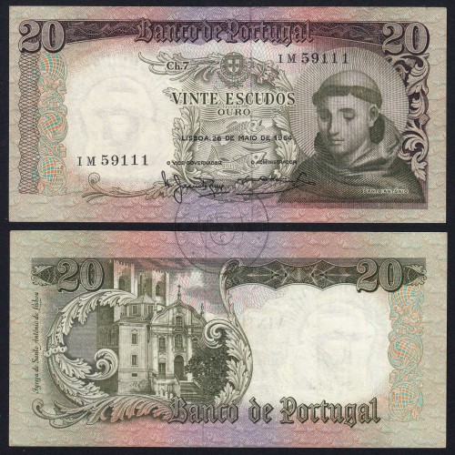 Nota de 20 Escudos 1964 Santo António, 20$00 26/05/1964 Chapa: 7 - Banco de Portugal (Circulada), Pick 167
