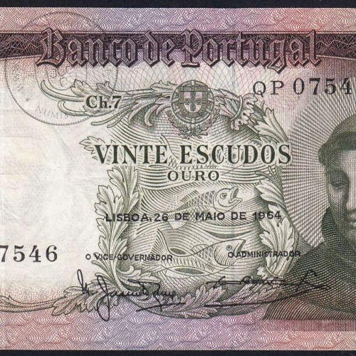 Nota de 20 Escudos 1964 Santo António, 20$00 26/05/1964 Chapa: 7 - Banco de Portugal (Circulada), Pick 167
