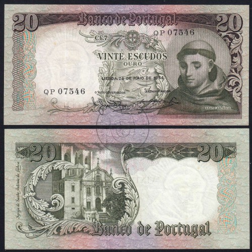 Nota de 20 Escudos 1964 Santo António, 20$00 26/05/1964 Chapa: 7 - Banco de Portugal (Circulada), Pick 167
