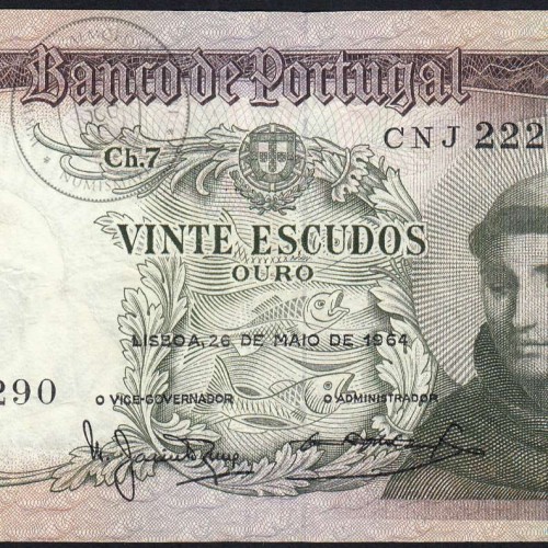 Nota de 20 Escudos 1964 Santo António, 20$00 26/05/1964 Chapa: 7 - Banco de Portugal (Circulada), Pick 167