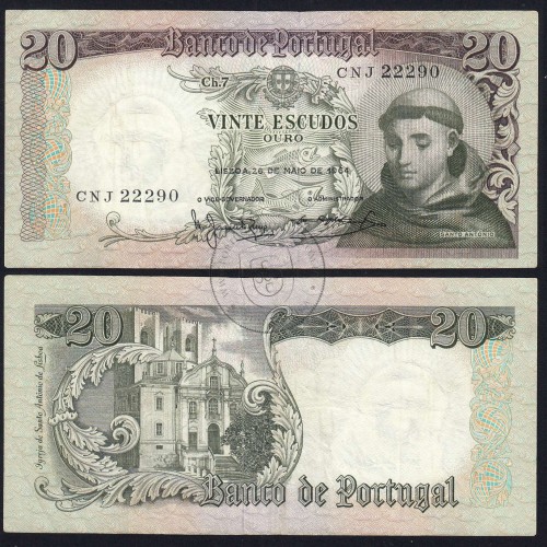 Nota de 20 Escudos 1964 Santo António, 20$00 26/05/1964 Chapa: 7 - Banco de Portugal (Circulada), Pick 167