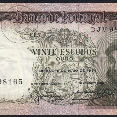 Nota de 20 Escudos 1964 Santo António, 20$00 26/05/1964 Chapa: 7 - Banco de Portugal (Circulada), Pick 167