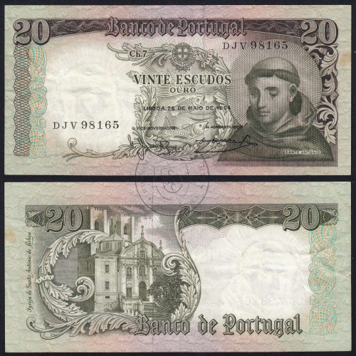 Nota de 20 Escudos 1964 Santo António, 20$00 26/05/1964 Chapa: 7 - Banco de Portugal (Circulada), Pick 167