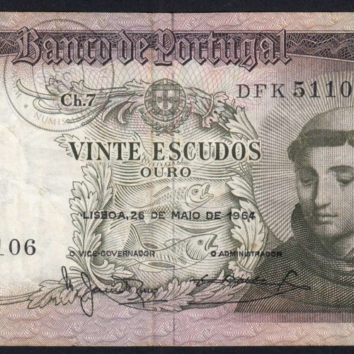 Nota de 20 Escudos 1964 Santo António, 20$00 26/05/1964 Chapa: 7 - Banco de Portugal (Circulada), Pick 167
